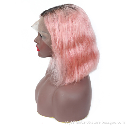 100% Brazilian Virgin Remy Human Hair Coloured Ombre Pink Short Body Wave Curly Blunt Cut Lace Front Bob Wig